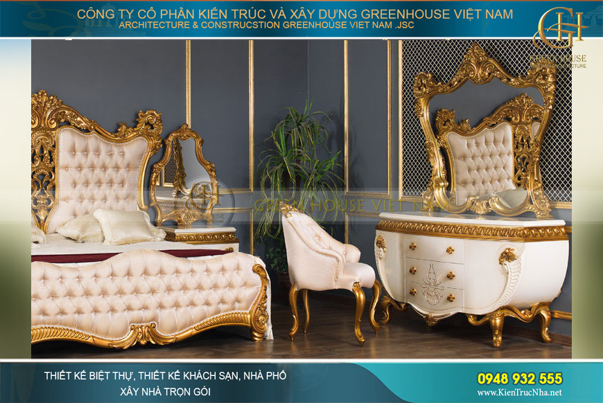 Bộ bàn trang điểm thiết kế cùng tông màu với giường tạo nên tổng thể ấn tượng