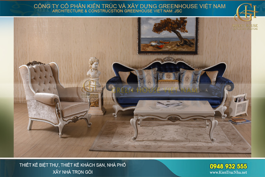 Bộ sofa được sử dụng gối tựa nhiều màu như xanh, hoa văn…để tạo điểm nhấn
