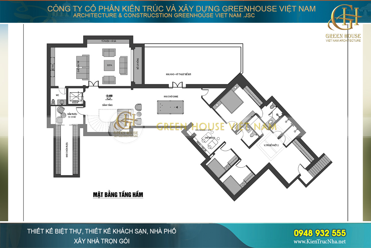 Mặt bằng công năng sử dụng của tầng hầm biệt thự tân cổ điển tại Vinhomes Riverside