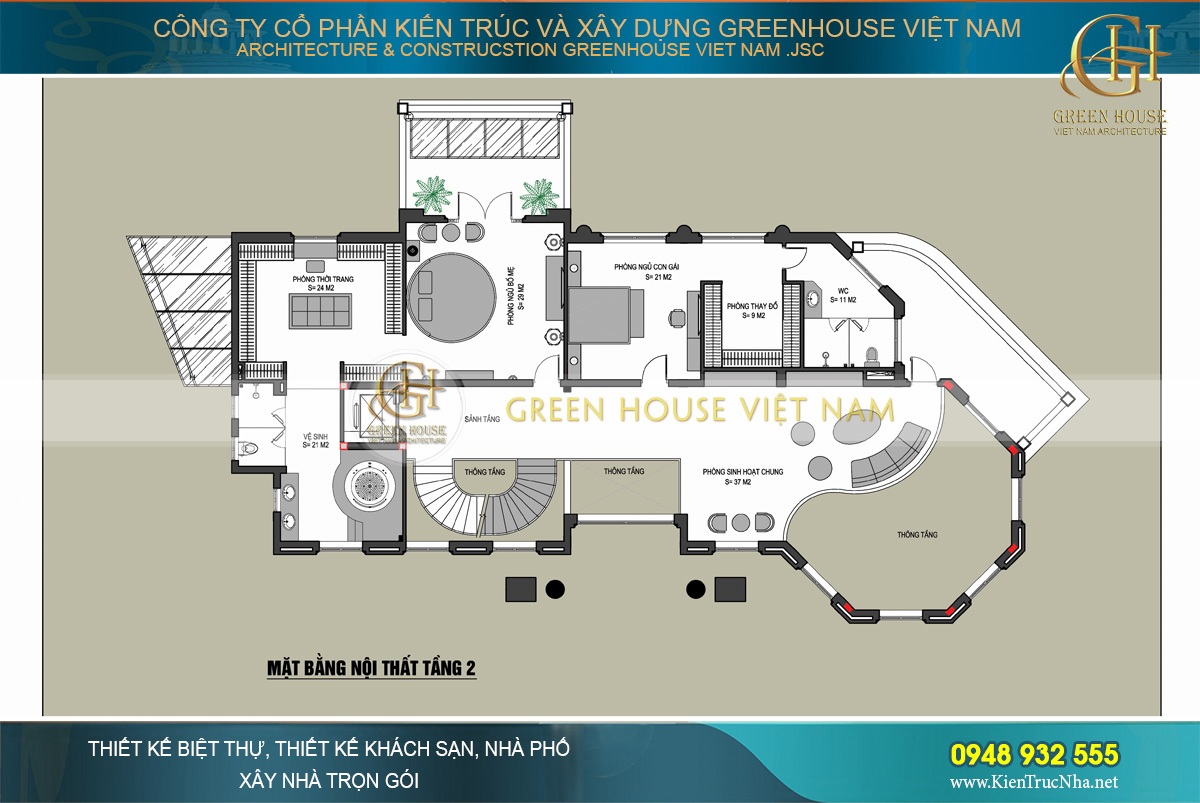 Mặt bằng công năng sử dụng của tầng 2 biệt thự tân cổ điển tại Vinhomes Riverside
