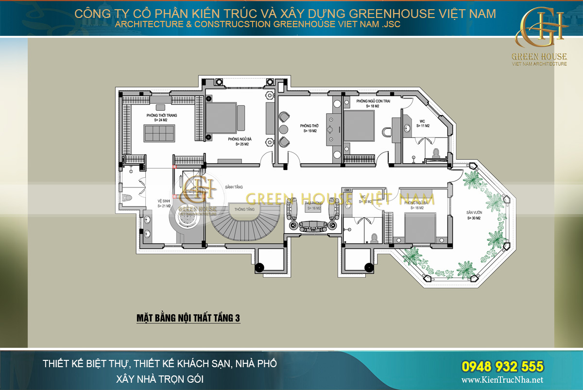 Mặt bằng công năng sử dụng của tầng 3 biệt thự tân cổ điển tại Vinhomes Riverside