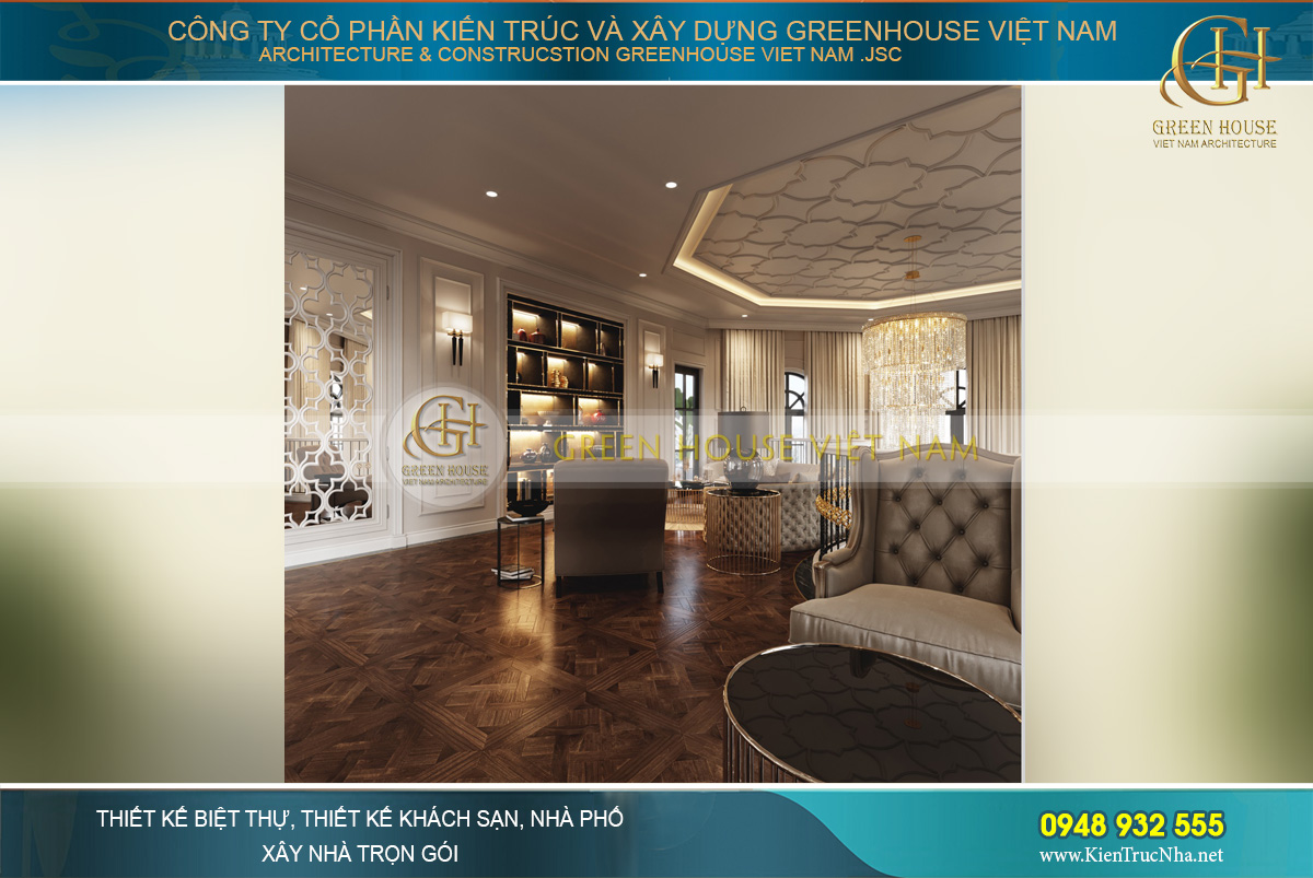 Bộ sofa cao cấp, những khung tường được biến thành giá sách…