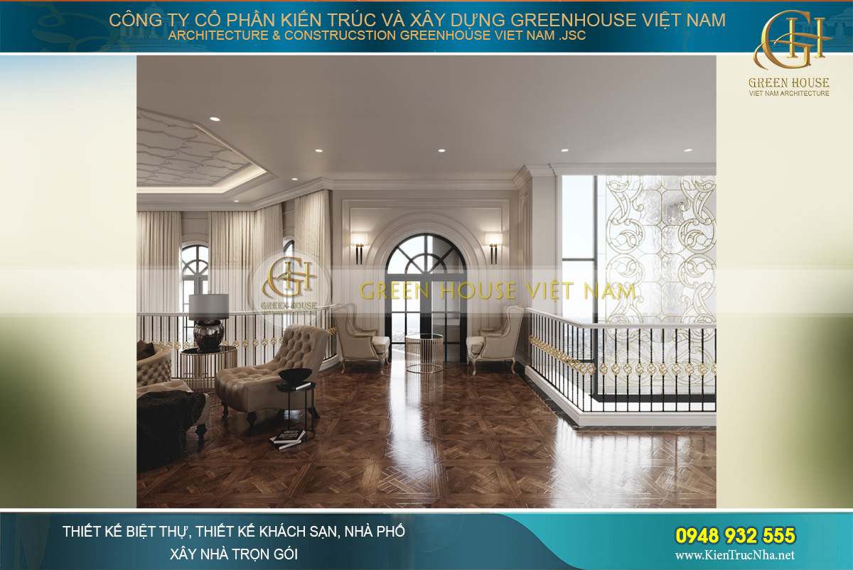 Phòng sinh hoạt chung được bố trí nhiều bộ sofa đơn tại các vị trí khác nhau để gia chủ có thể chiêm ngưỡng cảnh đẹp bên ngoài
