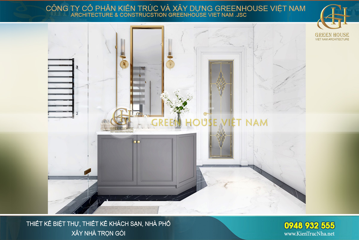 Không gian phòng tắm cũng được thiết kế với sắc tím chủ đạo