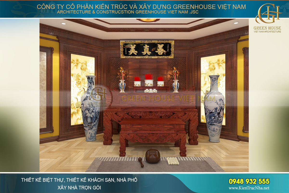 Không gian phòng thờ của biệt thự tân cổ điển 3 tầng được đặt trên tầng cao nhất, với thiết kế giữ vững các giá trị truyền thống dân tộc, thể hiện sự trân trọng, kính phục đối với tổ tiên gia đình. Với các đồ nội thất gỗ nâu bóng, phòng thờ của biệt thự hiện lên với vẻ trang trọng và linh thiêng vô cùng.