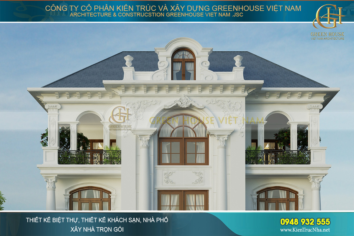 thiết kế biệt thự tân cổ điển sân vườn 4 tầng