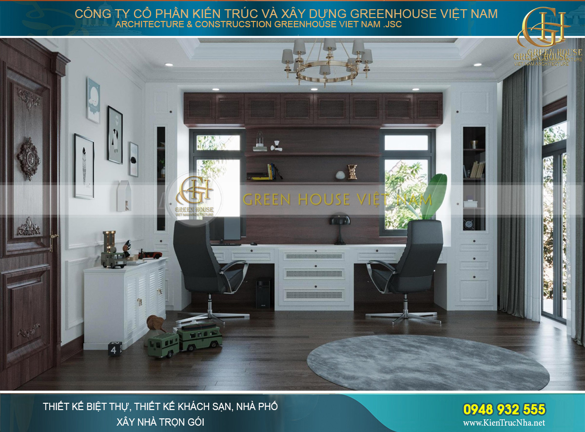 Thiết kế phòng làm việc tại nhà của biệt thự với phong cách đơn giản, dễ tập trung