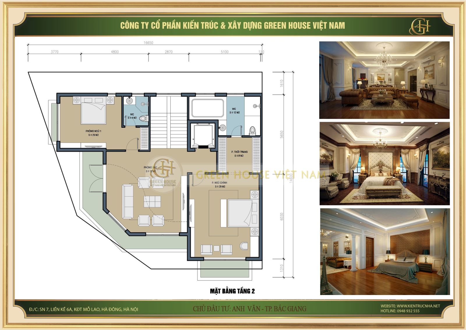 Biệt thự tân cổ điển 3 tầng 1 tum thiết kế, thi công trọn gói bởi Green House Việt Nam