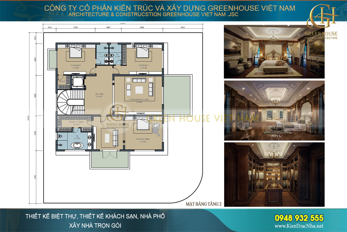 Green House Việt Nam thiết kế, xây dựng biệt thự 3 tầng 5 phòng đẹp, sang trọng tại Hà Nọi