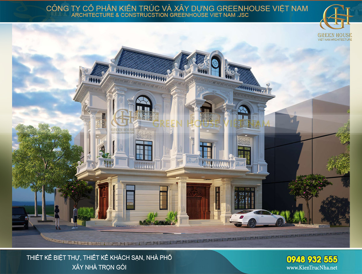 Phối cảnh mặt tiền của biệt thự tân cổ điển 3 tầng với vẻ đẹp sang trọng, ấn tượng