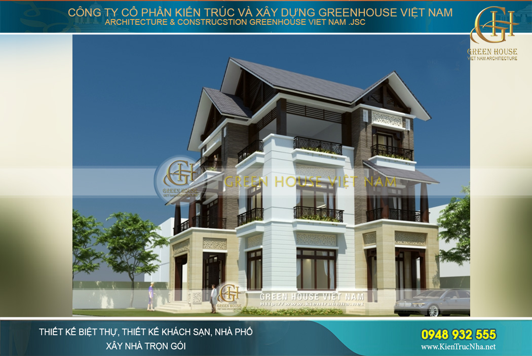 Mặt hông của biệt thự hiện đại cũng được chú trọng thiết kế với tiểu sảnh và ban công lớn