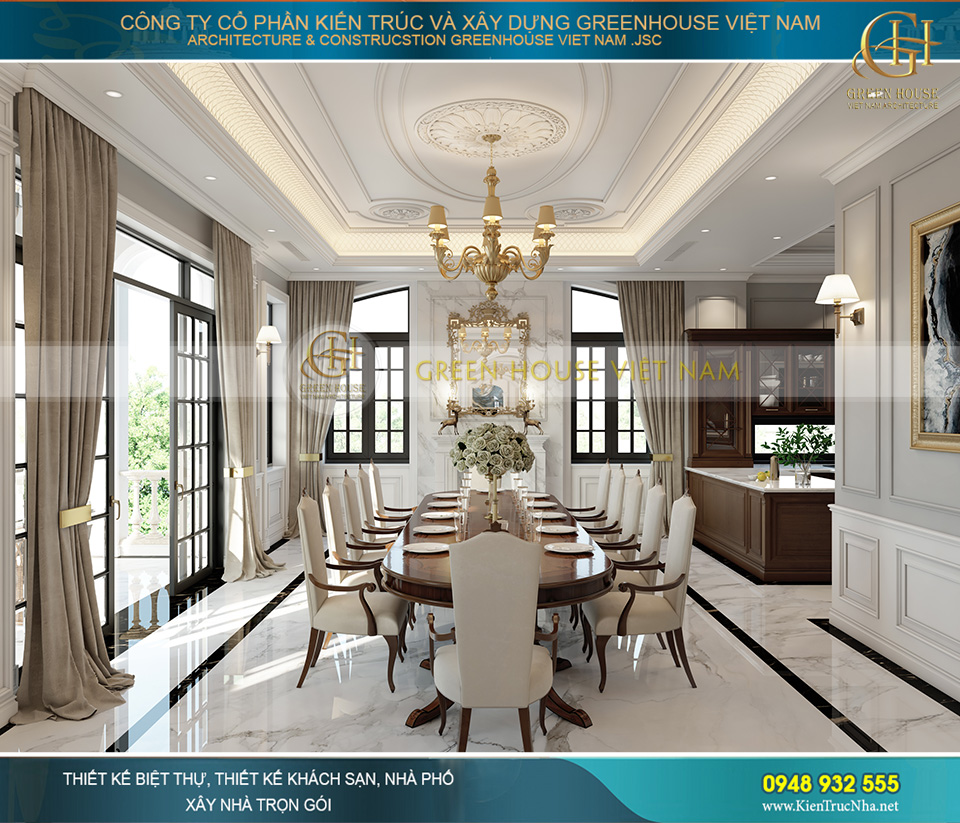 Thiết kế bàn ăn dài cho gia đình nhiều thành viên hoặc phục vụ các bữa tiệc nhỏ