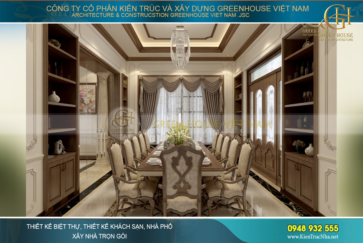 Phòng đại tiệc được bố trí bộ bàn ăn dài 12 ghế phục vụ những bữa tiệc lớn của gia chủ