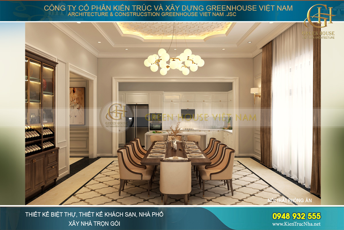 Không gian phòng ăn và phòng bếp của biệt thự tân cổ điển tại Hải Phòng