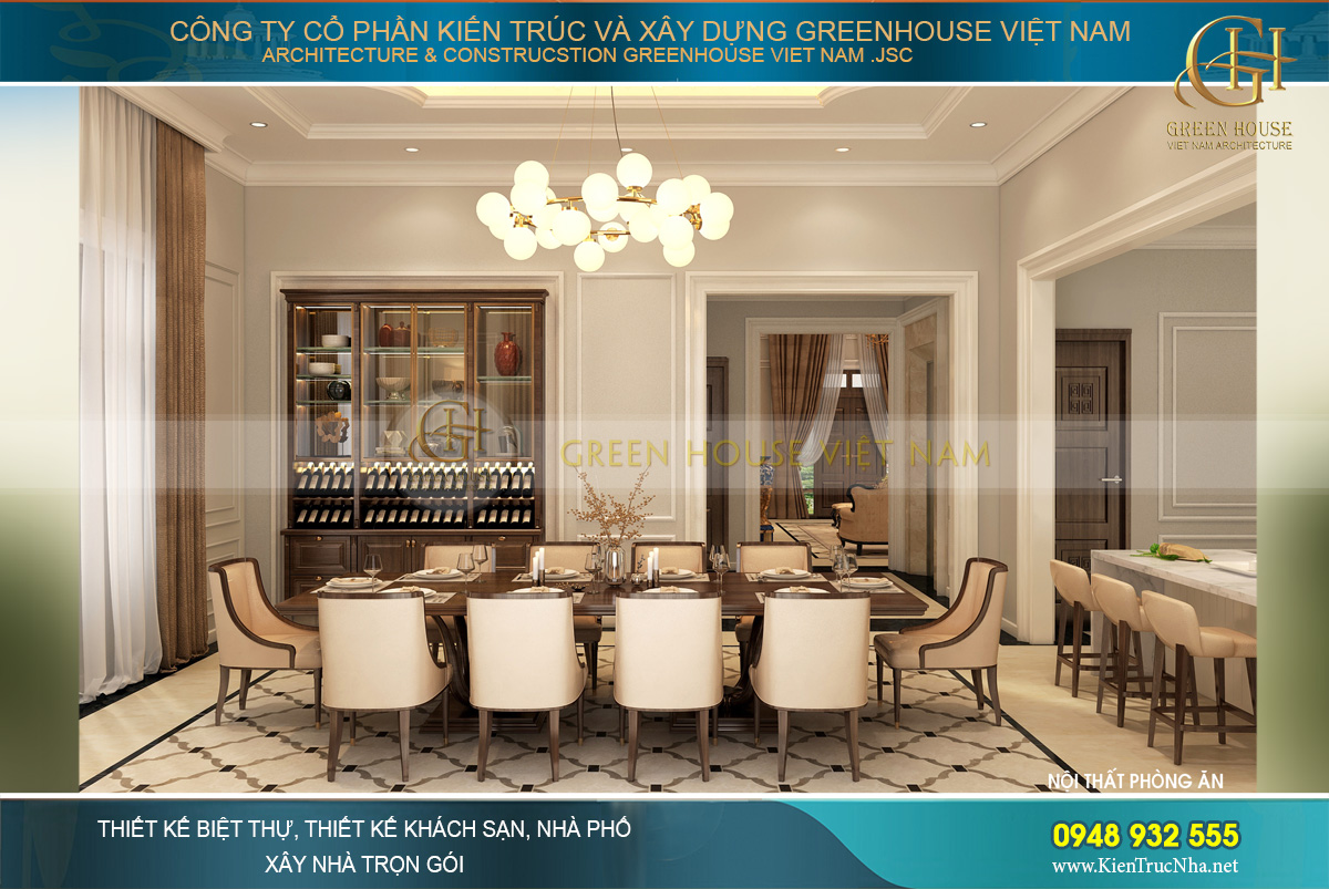 Phòng ăn được bố trí bộ bàn ăn 10 ghế
