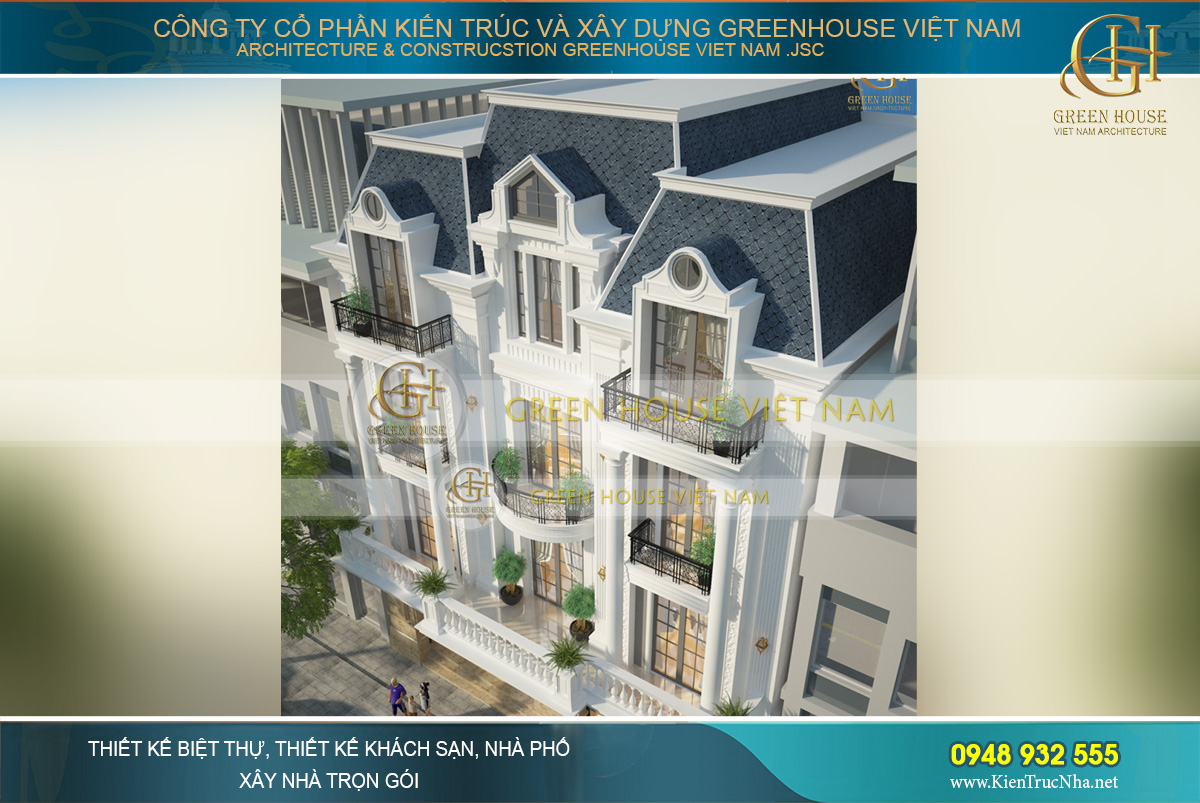 Từ ban công, lan can, cột chống tới hệ mái mansard đều góp phần tạo lên vẻ đẹp hoàn hảo của biệt thự tân cổ điển phong cách kiến trúc Pháp đẳng cấp