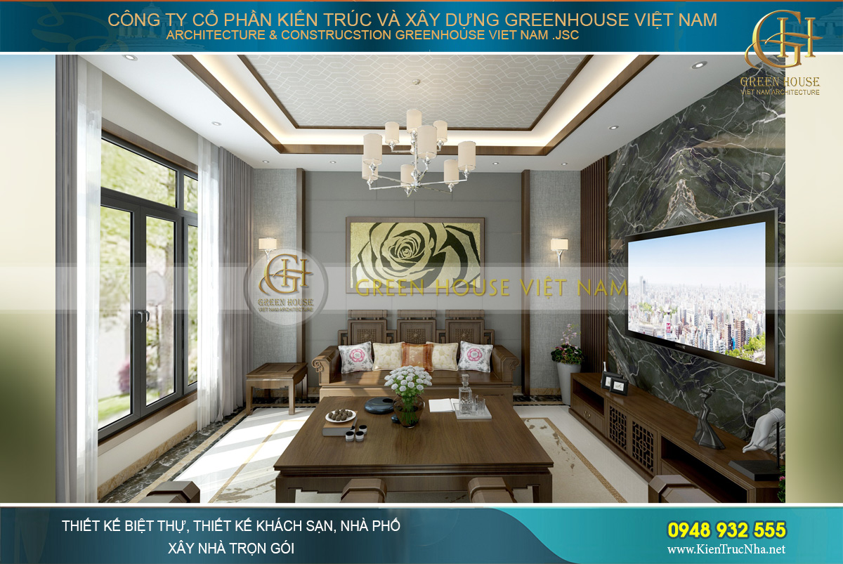 Phòng khách được thiết kế rộng rãi, thông thoáng cùng các điểm nhấn ấn tượng