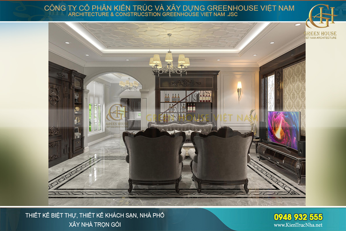 Phòng khách còn được bố trí 1 tủ rượu âm tường