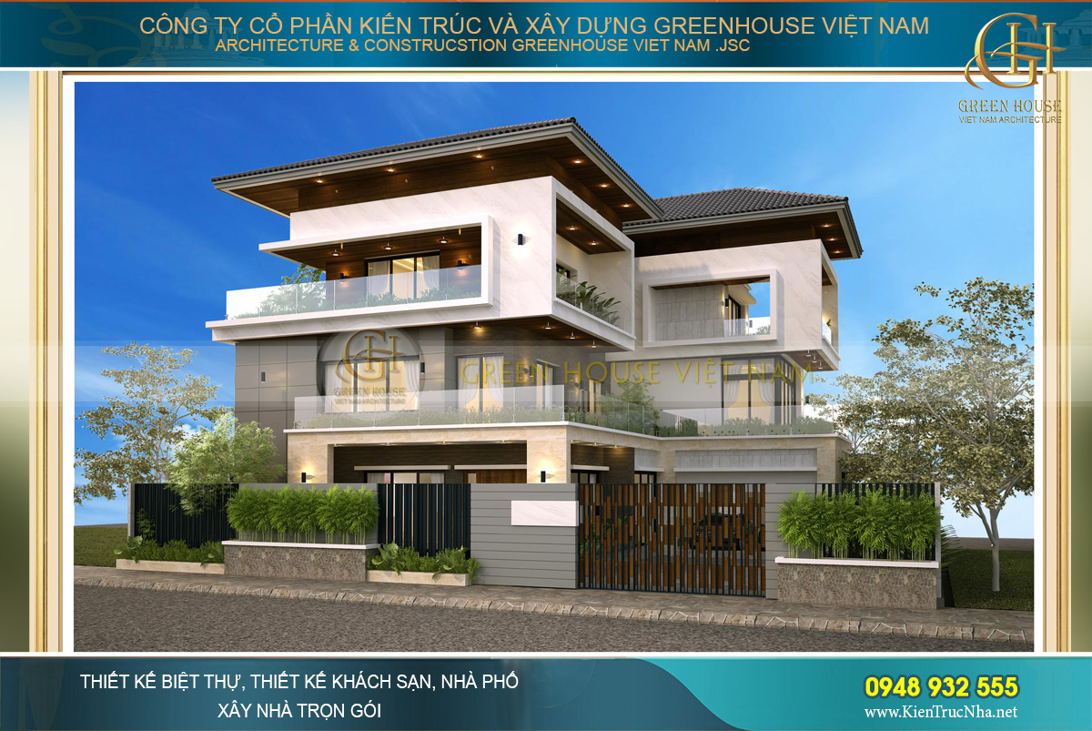 Tầng 1 của biệt thự hiện đại 3 tầng còn thiết kế gara để xe ô tô