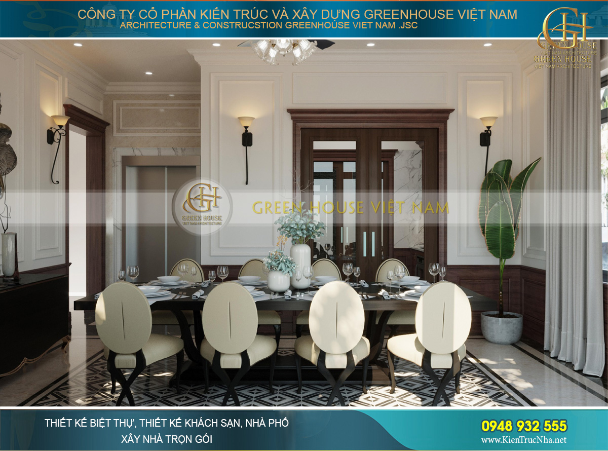 Bộ bàn ăn 8 ghế với thiết kế cách điệu độc đáo là điểm nhấn của phòng ăn