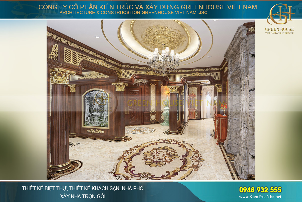 Sảnh tầng 1 với thiết kế như hành lang cung điện với những cột trụ tròn, khung cửa cao vút khiến bất cứ ai đi qua cũng phải ngước nhìn kính phục