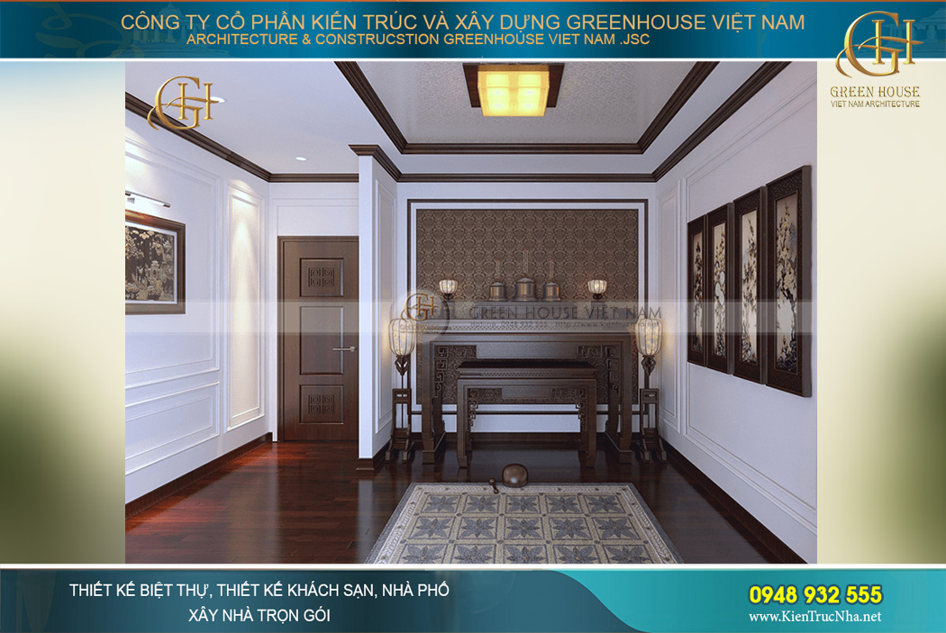 Thiết kế nội thất phòng thờ uy nghiêm, trang trọng mà không kém phần tinh tế