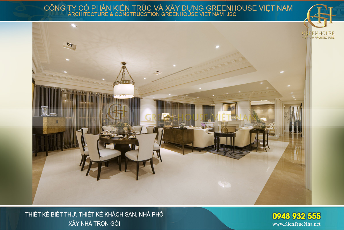 Mẫu thiết kế nội thất phòng ăn 8 ghế màu trắng trẻ trung