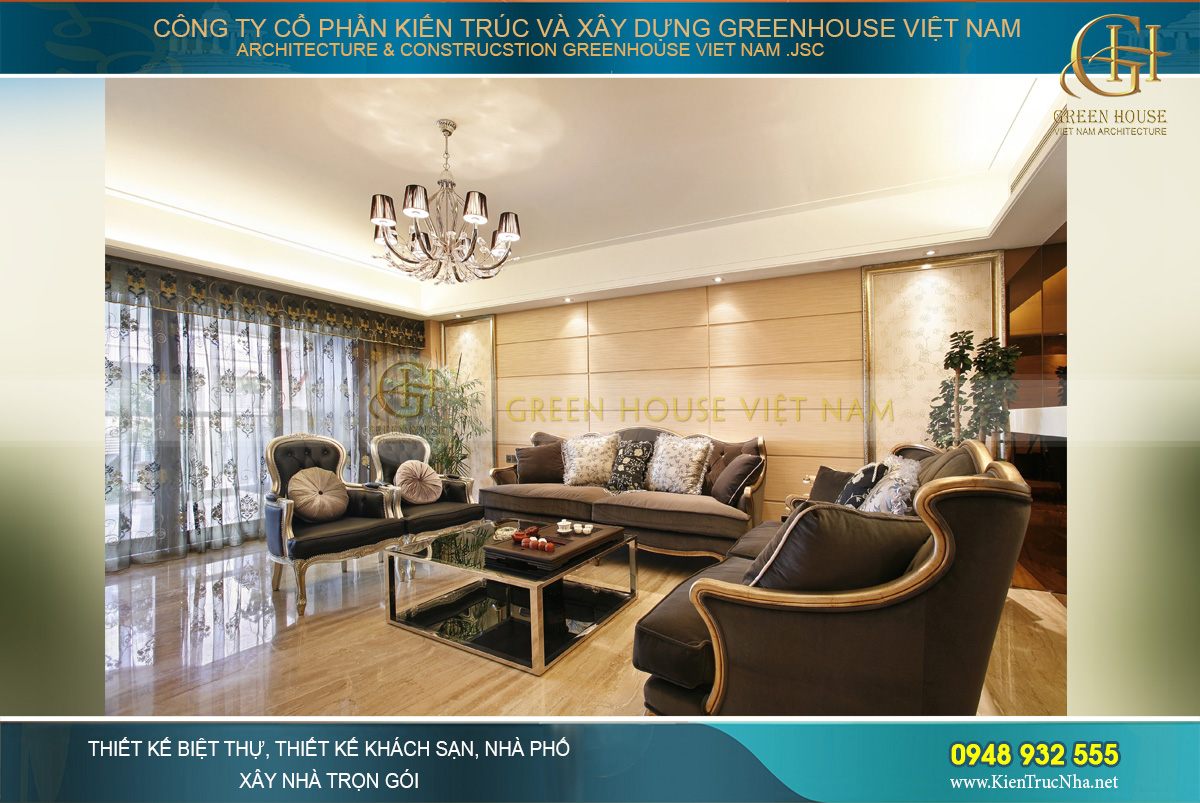 Thiết kế nội thất phòng khách với hệ thống kính lớn mang đến ánh sáng cho căn phòng