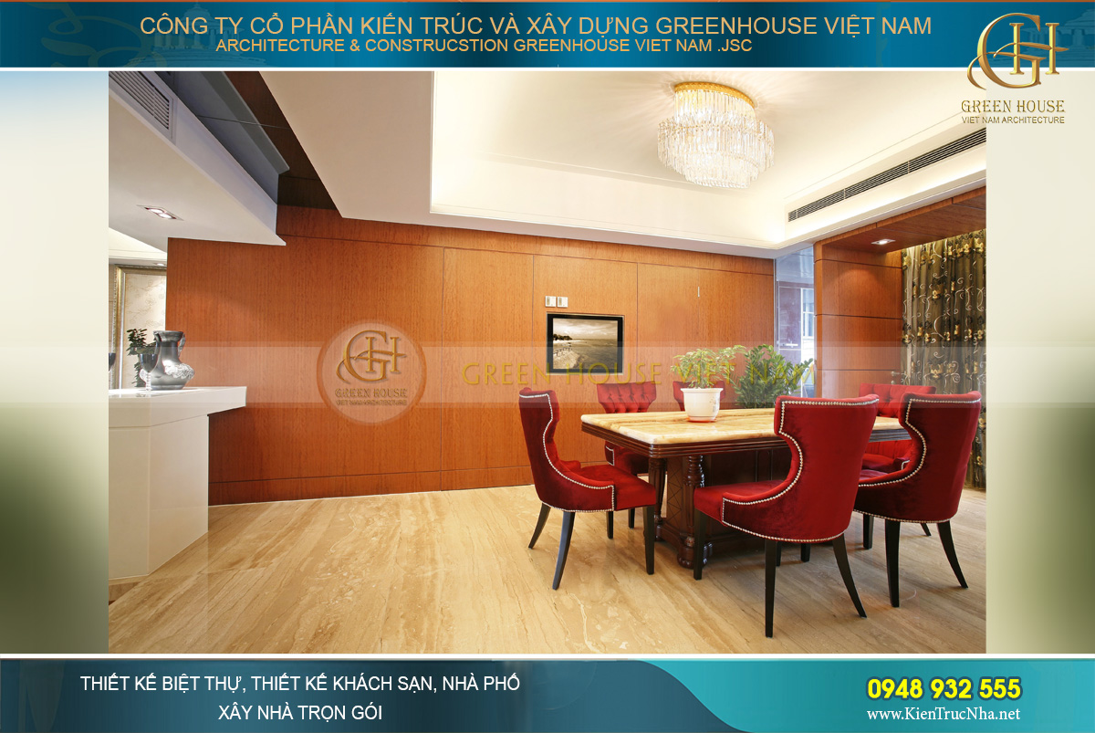 Bộ bàn ăn 6 ghế với sự kết hợp độc đáo của màu gỗ đủ và vải bọc ghế màu đỏ đậm