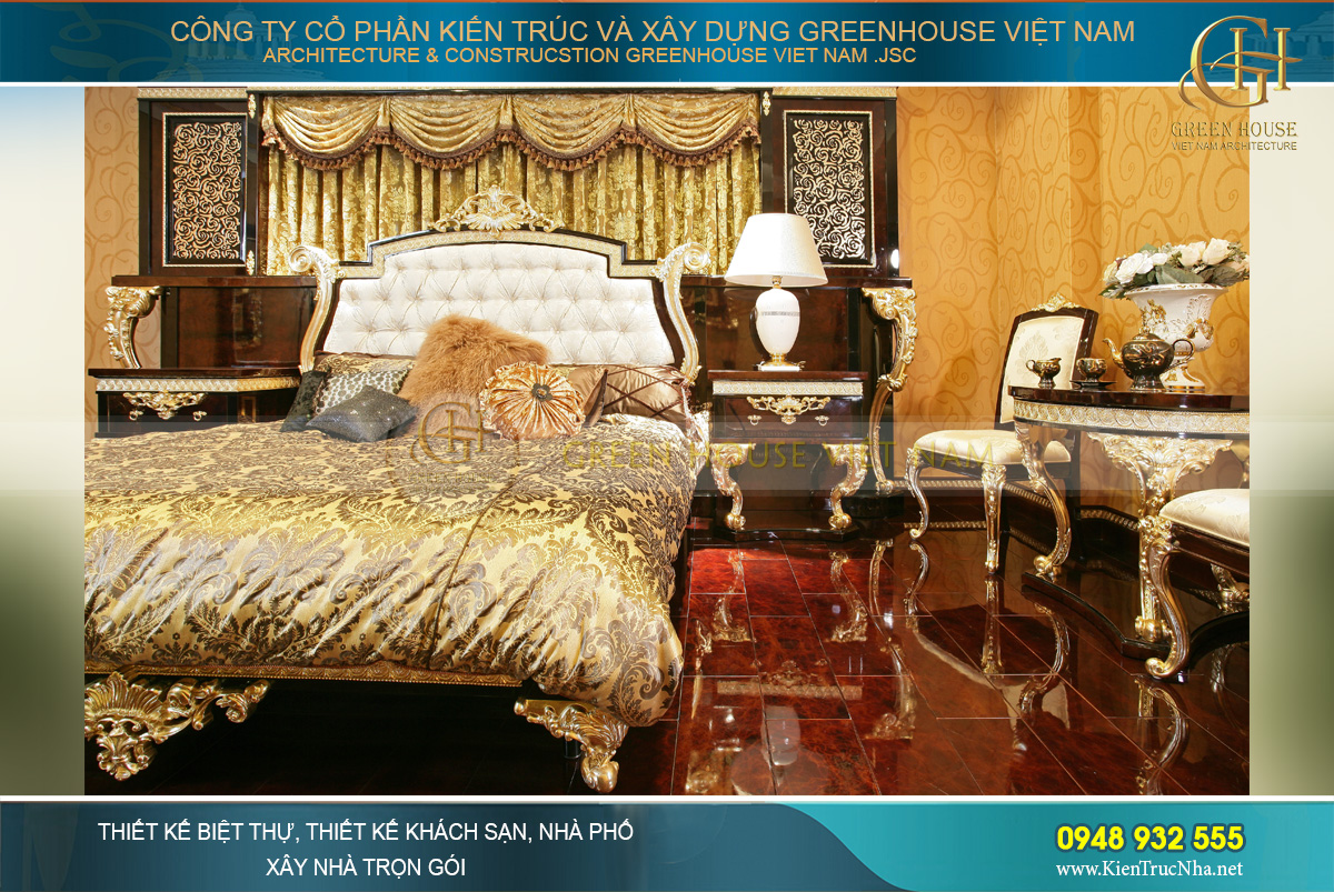 Thiết kế nội thất phòng ngủ luxury sử dụng các gam màu vàng và gỗ làm bật lên sự đẳng cấp, xa hoa nhất