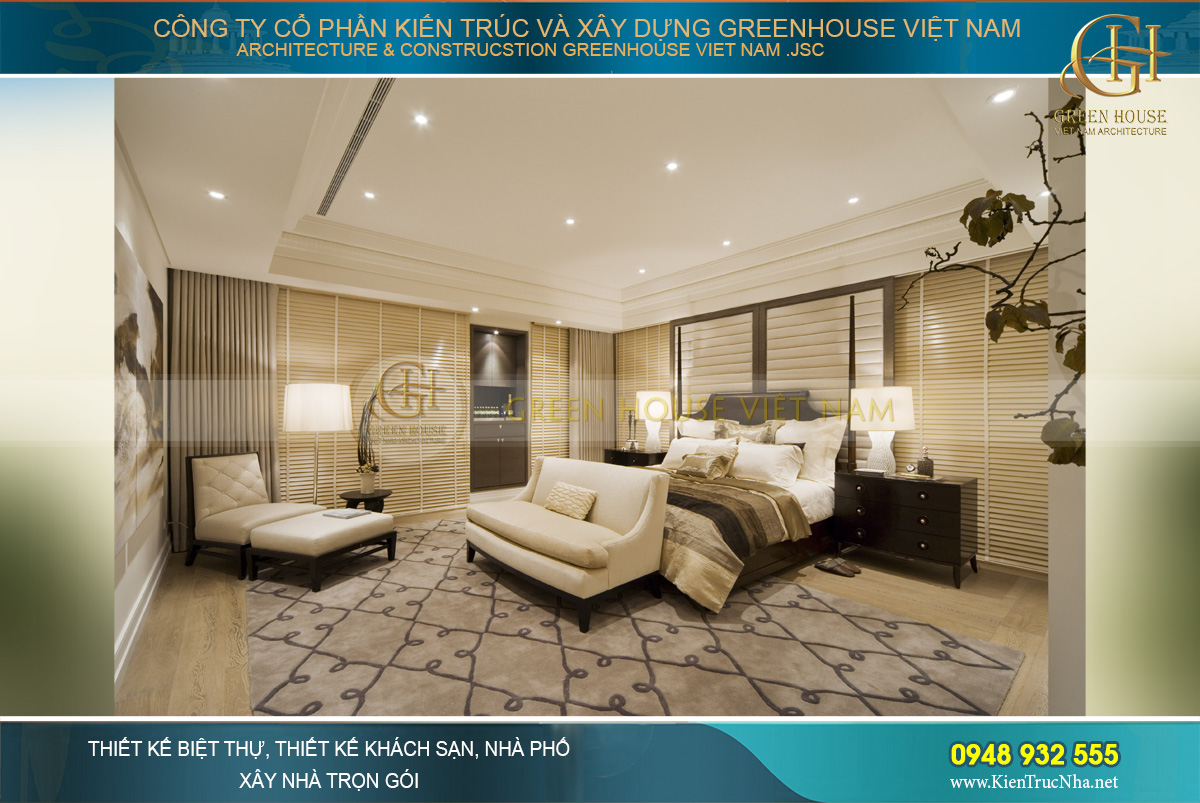 Toàn cảnh không gian lớn của phòng ngủ với vẻ đẹp vô cùng sang trọng, tựa như phòng ngủ của khách sạn 5 sao