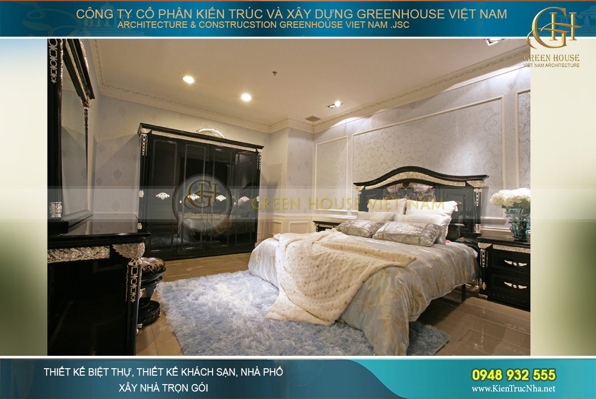 Thiết kế nội thất phòng ngủ với tone màu đen sang trọng lịch lãm