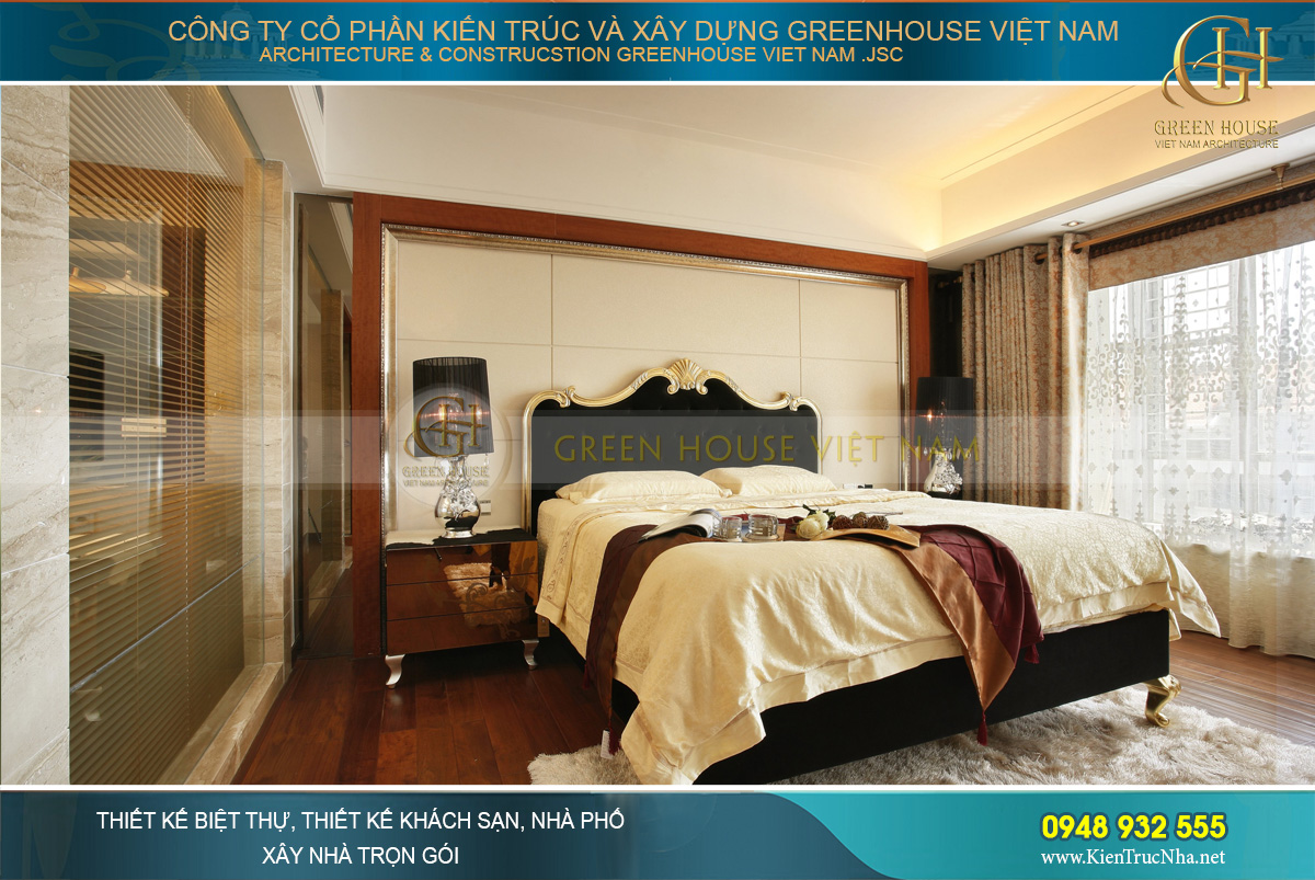 Thiết kế phòng ngủ với điểm nhấn là chiếc giường đen mang đến không gian sang trọng huyền bí