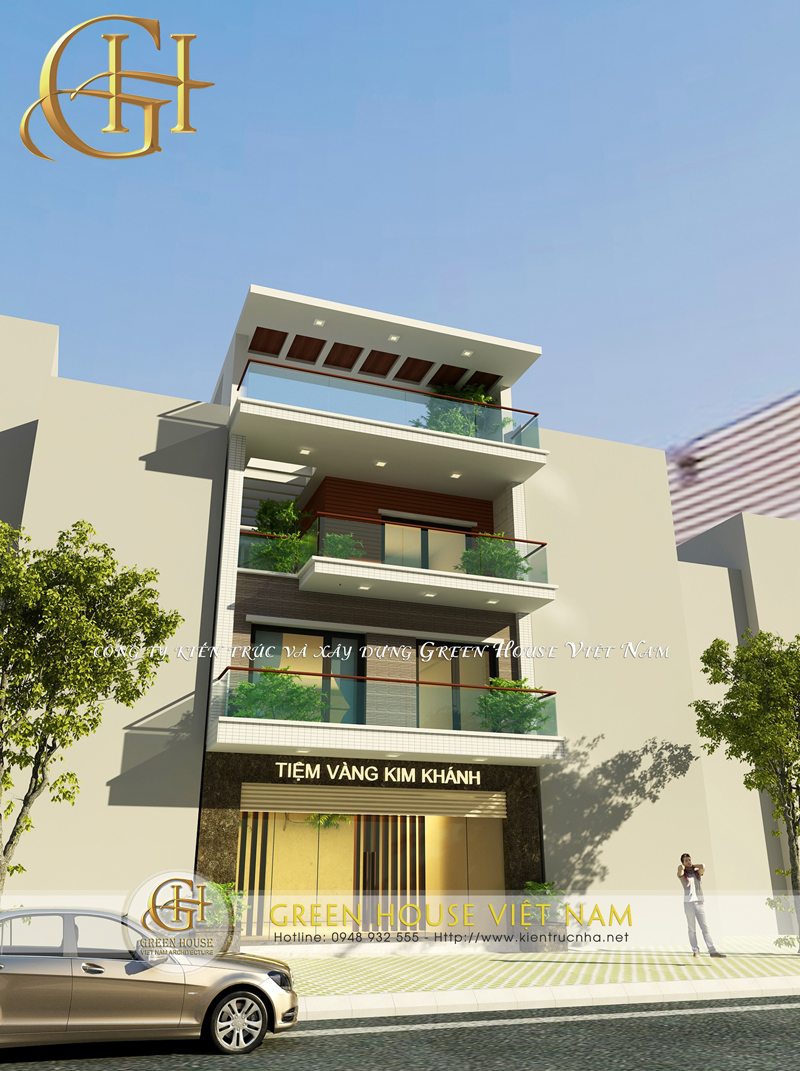 Thiết kế khang trang và bề thế của ngôi nhà ống hiện đại 4 tầng kết hợp kinh doanh vàng bạc
