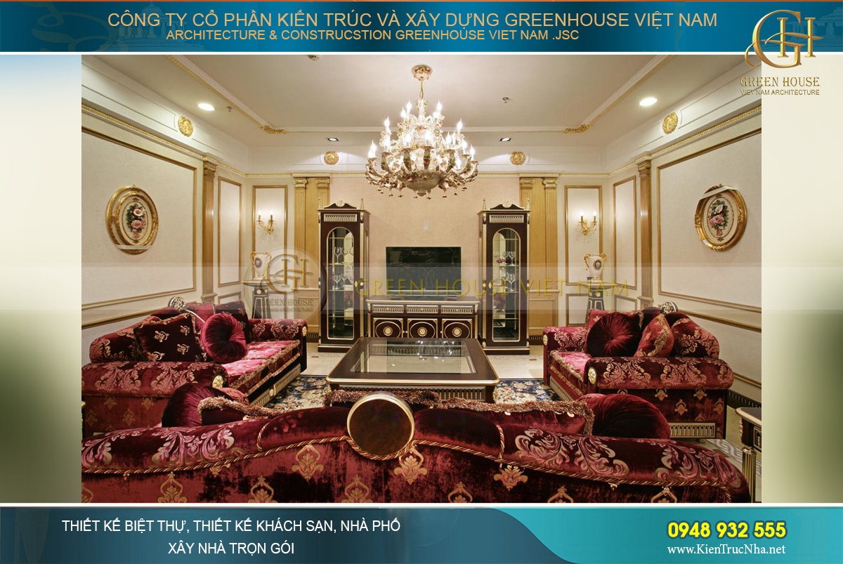 Phòng khách của biệt thự tân cổ điển sử dụng bộ sofa nhung mang đến sự sang trọng