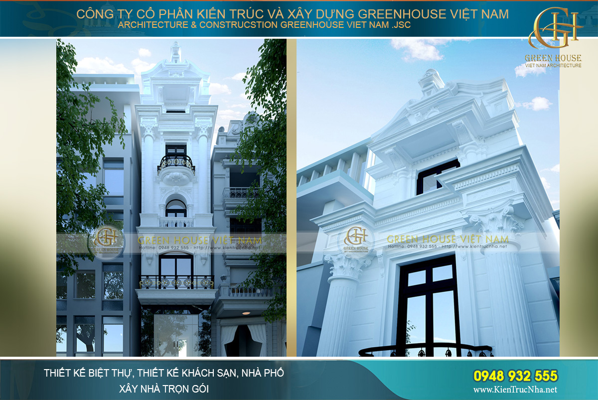 Sắc trắng với hệ lan can đen-vàng mang đến vẻ đẹp đậm chất Pháp cho mẫu nhà phố tân cổ điển