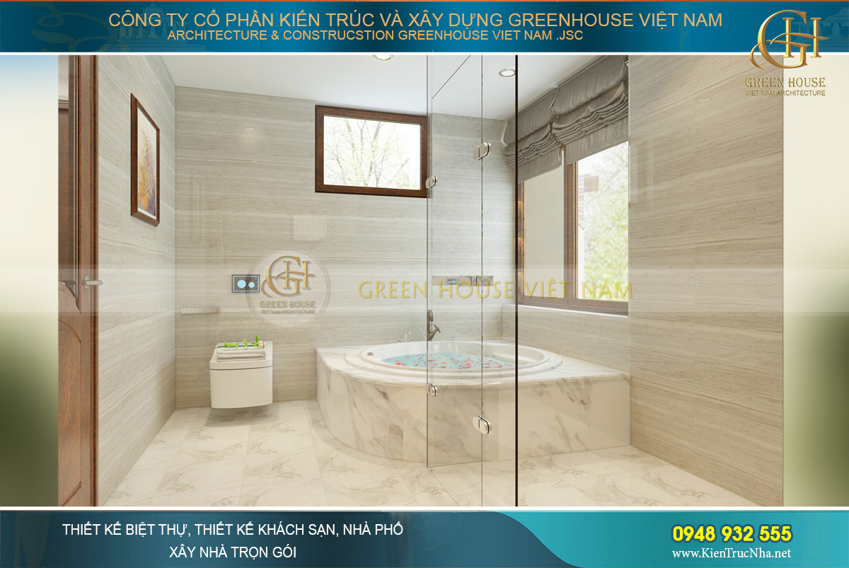 Thiết kế nội thất phòng tắm đơn giản, sang trọng với tường kính trong suốt