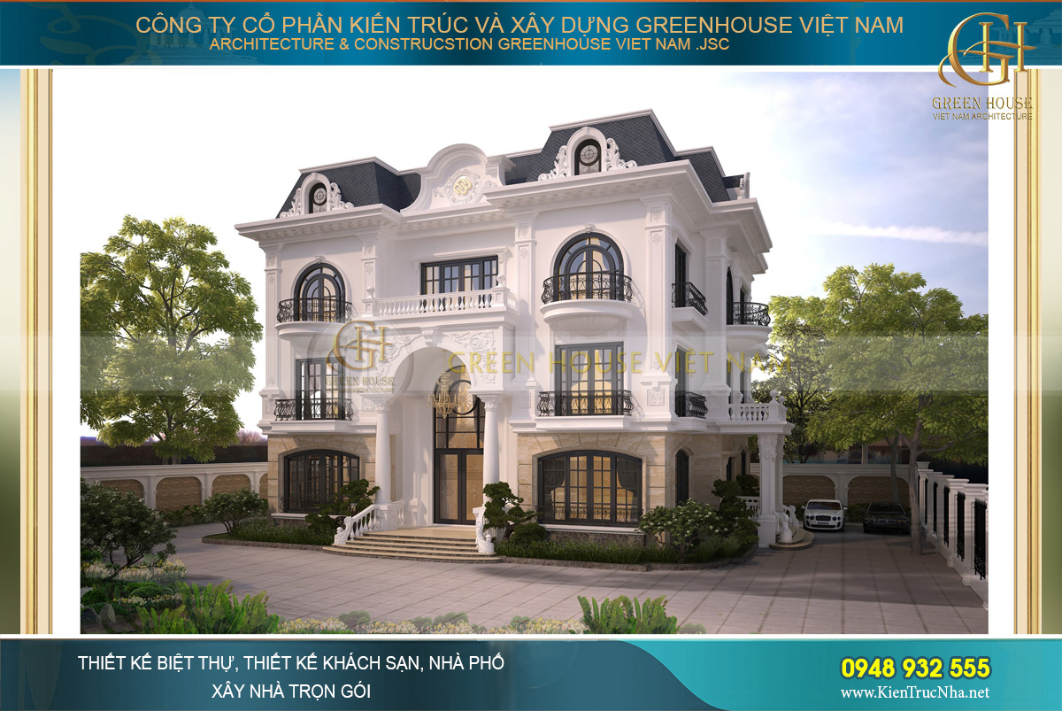 Các đường nét, hoa văn thiết kế được chạm khắc một cách tỉ mỉ ở mặt tiền biệt thự