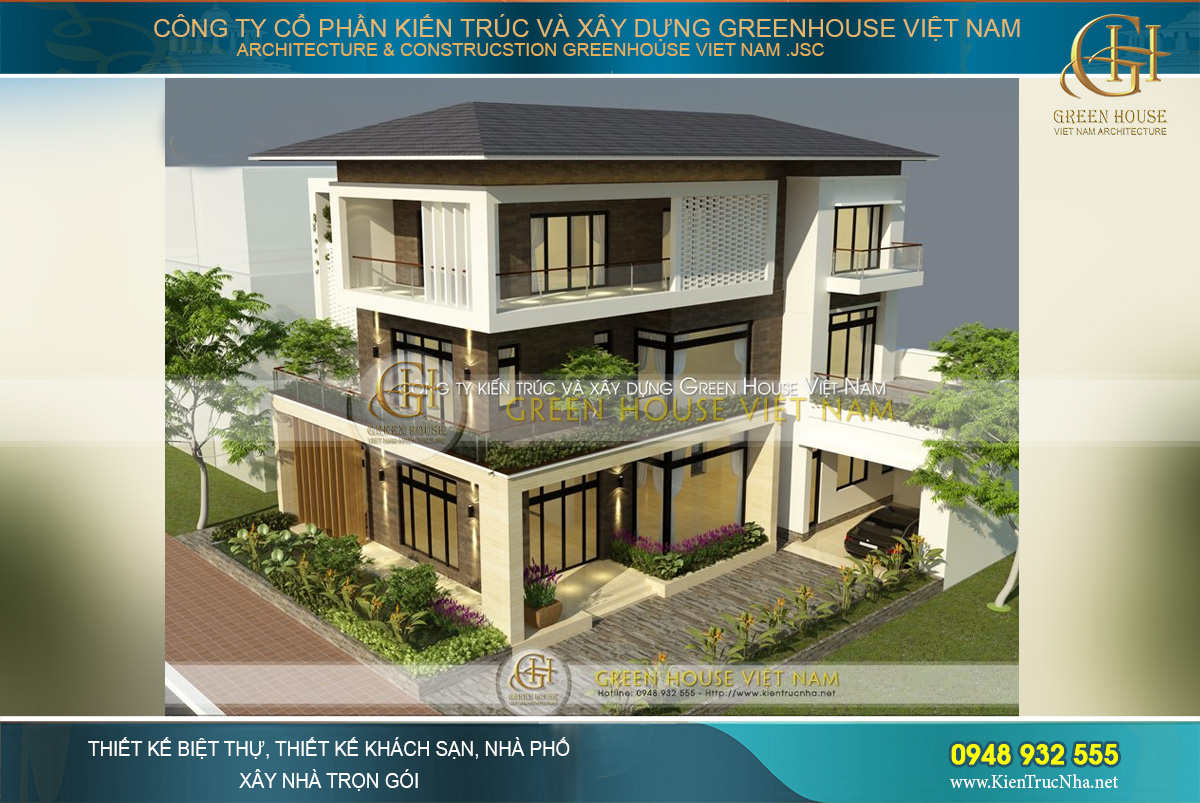 Sự kết hợp của 2 gam màu nâu ánh kim và trắng đã góp phần tạo lên sự sang trọng cho biệt thự