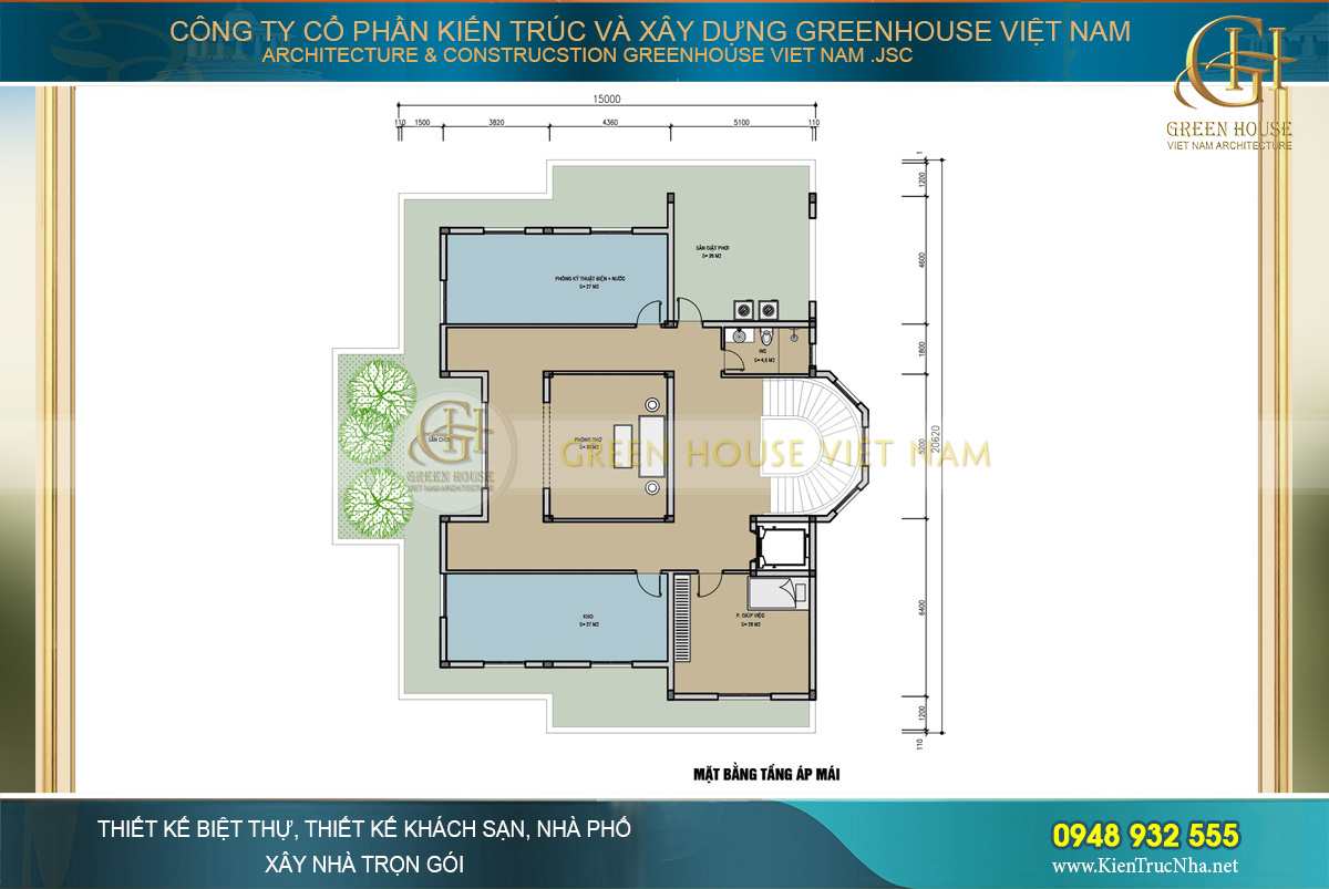 Bố trí mặt bằng công năng tầng áp mái của biệt thự tân cổ điển 2 tầng