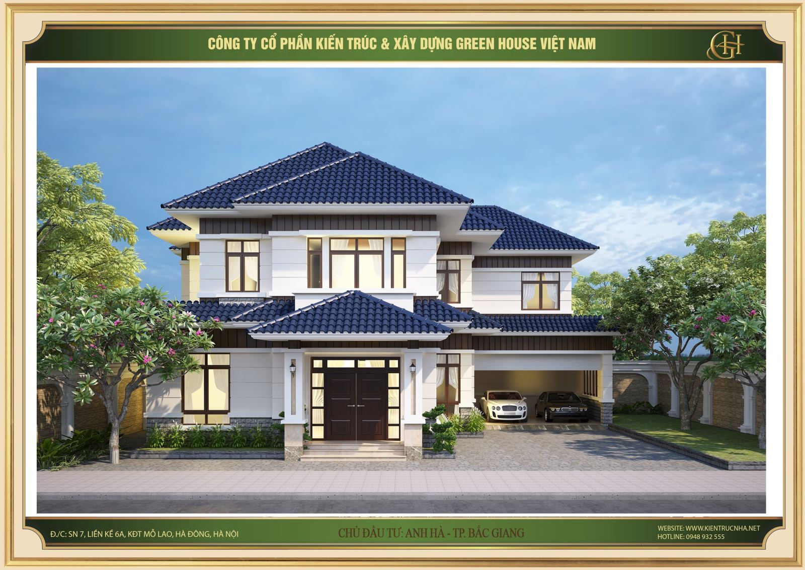 Biệt thự tân cổ điển thiết kế mái thái màu xanh sáng kết hợp với tone trắng mang đến dáng dấp vô cùng hài hòa