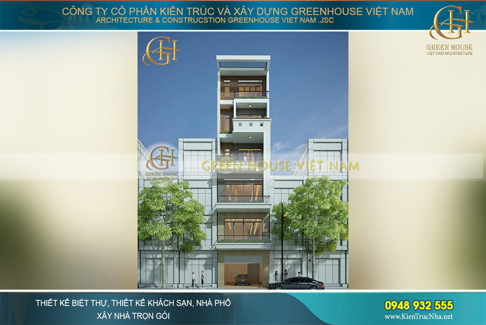 Phối cảnh mặt tiền của mẫu nhà phố 6 tầng hiện đại với nét đẹp thanh lịch, tao nhã