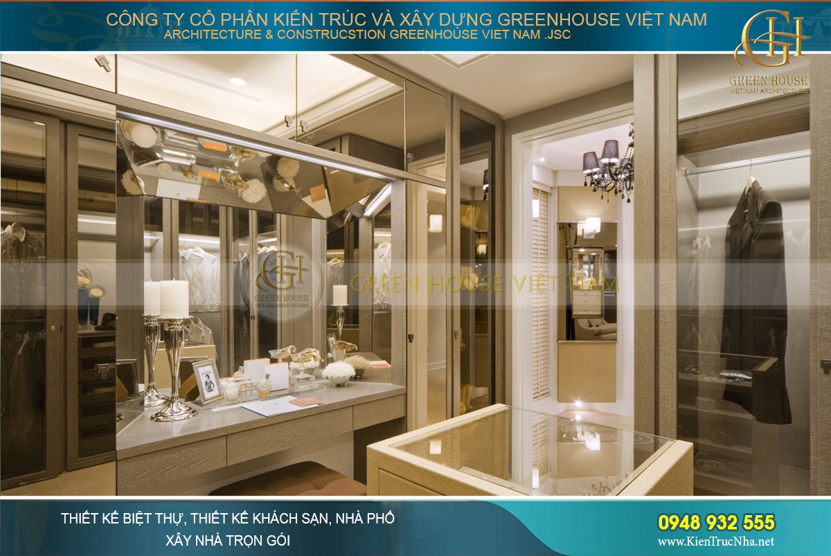 Không gian phòng thay đồ và bàn trang điểm của gia chủ
