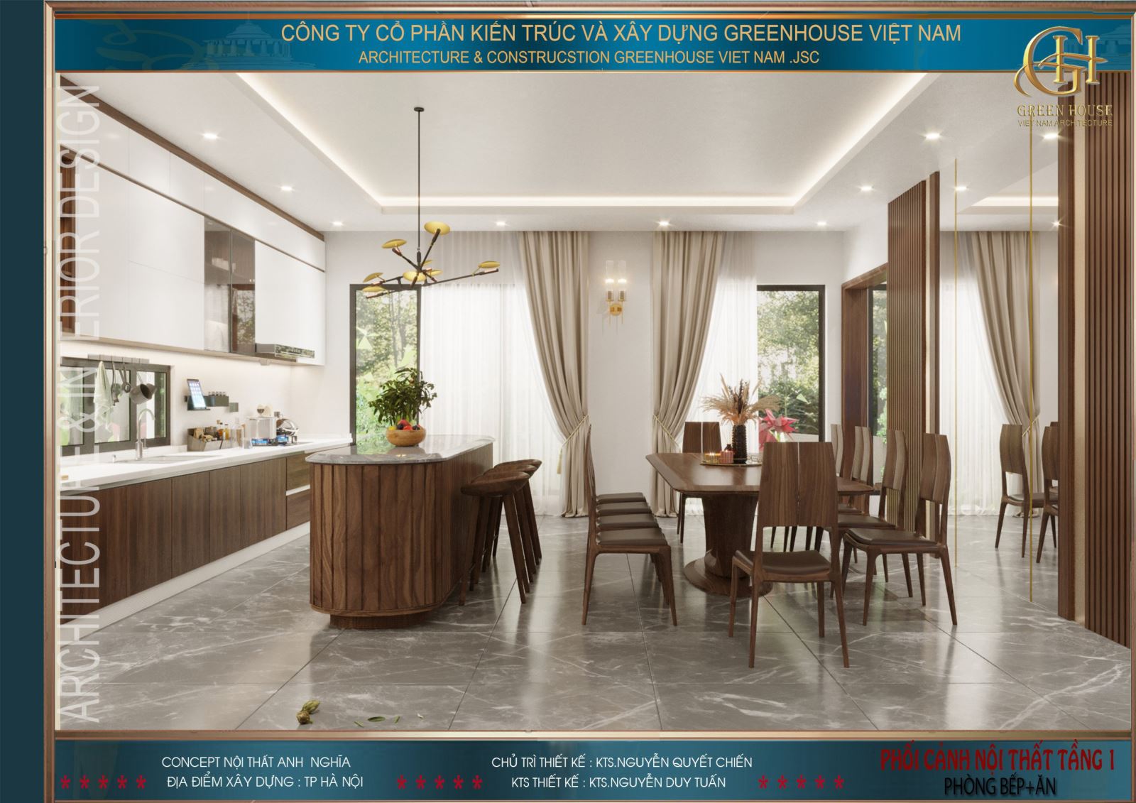 Nội thất phòng bếp và phòng ăn của biệt thự hiện đại được ưu tiên sử dụng vật liệu gỗ công nghiệp có màu sắc, kiểu dáng hấp dẫn