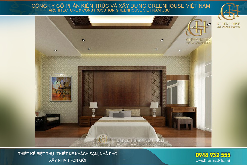 Không gian phòng ngủ master với vẻ đẹp bề thế, quyền quý nhưng vẫn thanh lịch và nền nã