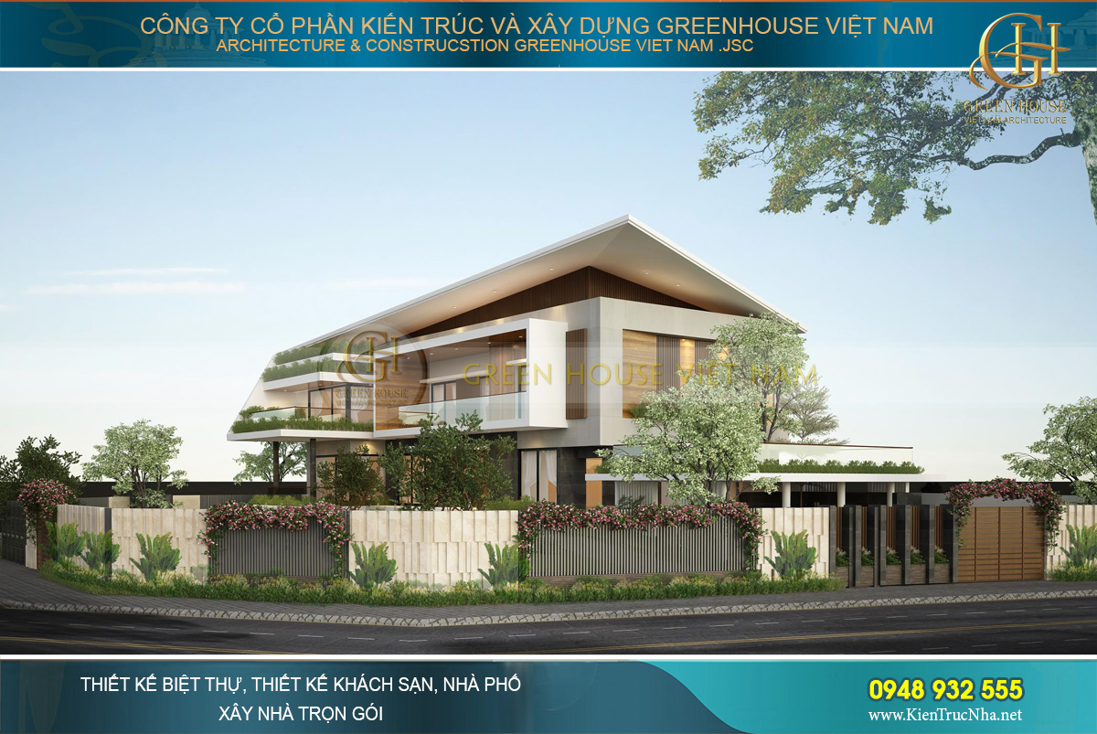 Thiết kế sân vườn bao quanh biệt thự với những mảng xanh xinh đẹp