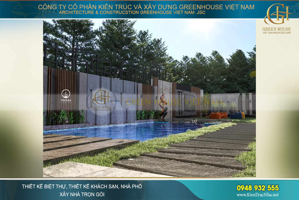 Sân vườn rộng lớn được thiết kế thêm bể bơi để phục vụ nhu cầu giải trí