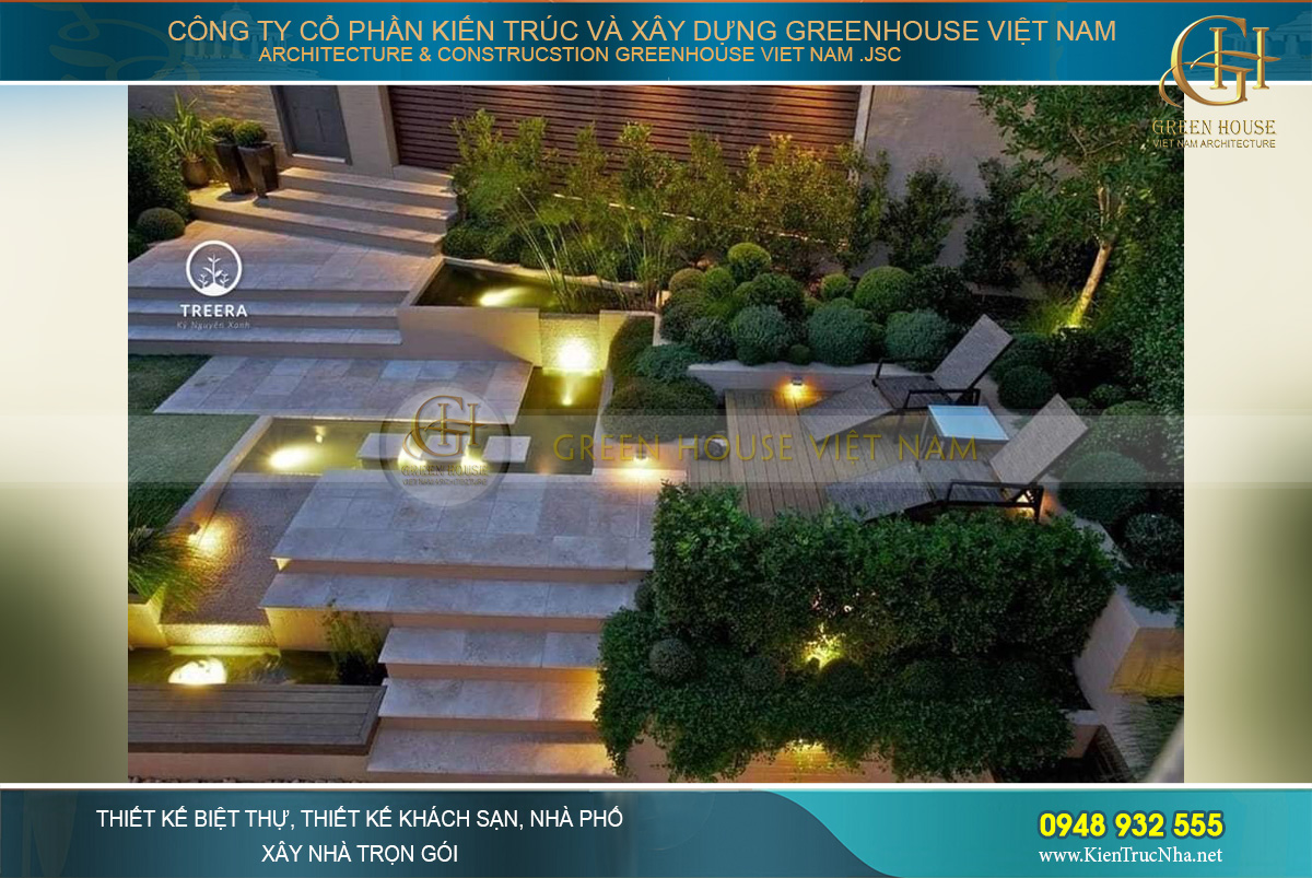 Thiết kế sân vườn độc đáo khi xây dựng các bậc thềm xen kẽ
