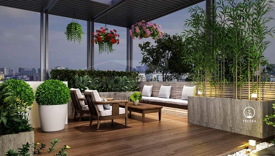 Không gian phòng khách của biệt thự sân vườn có mái che