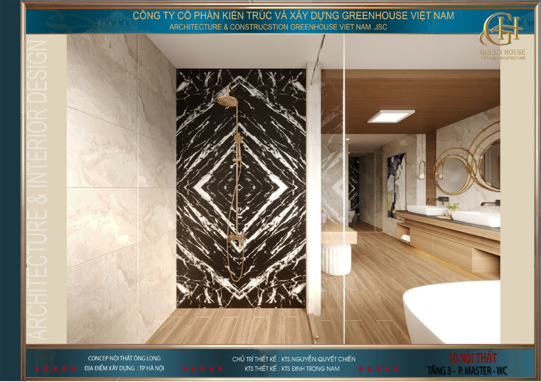 Khu vực tắm hoa sen, khu vực vệ sinh được ngăn cách bởi tường kính